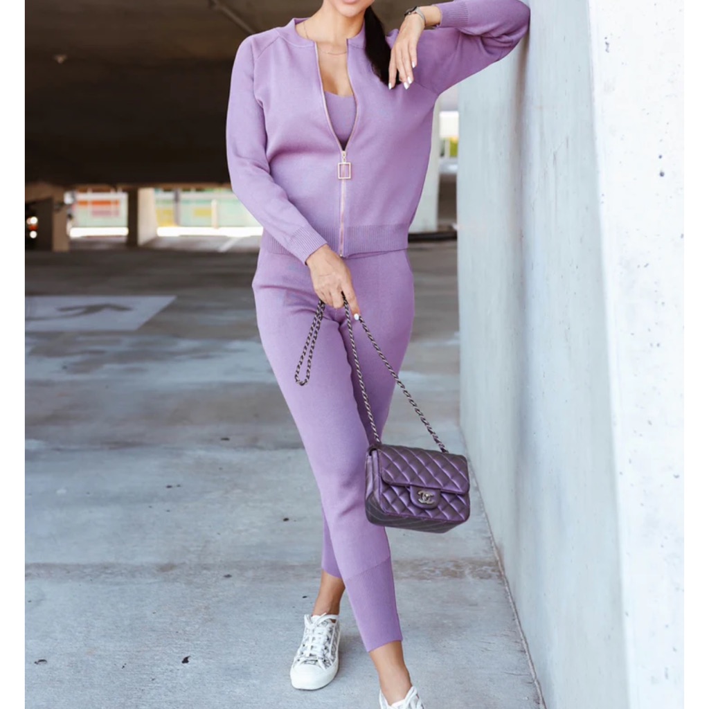 Soft Knitted Set Of Top, Cardigan, Joggers Pants - Purple Lavender